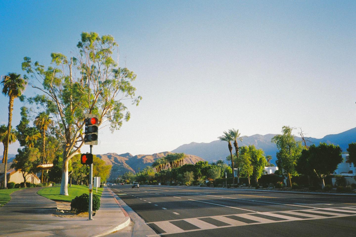 A wide street with a traffic light and palm trees is visible, with mountains in the distance under a clear sky.