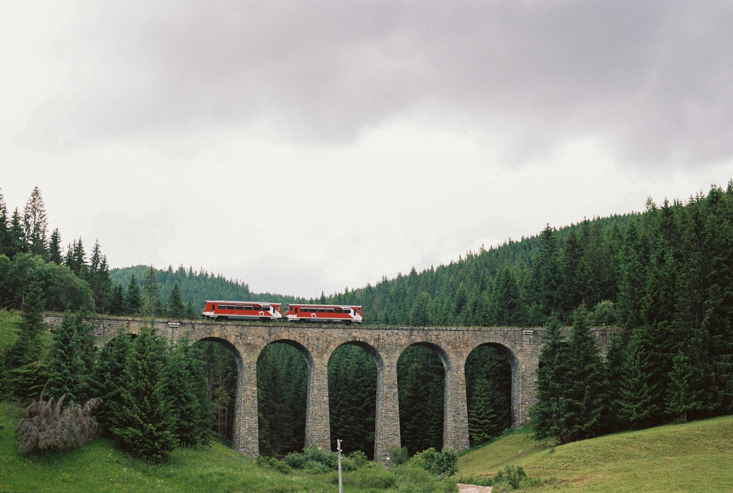 A red train crosses a stone viaduct over a valley filled with pine trees under a cloudy sky.