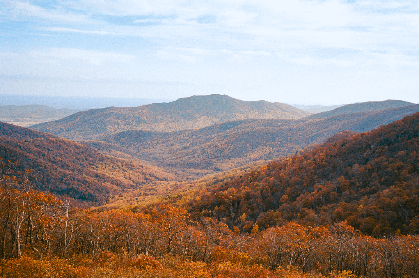 A vast mountain landscape is covered in autumn foliage under a bright sky.