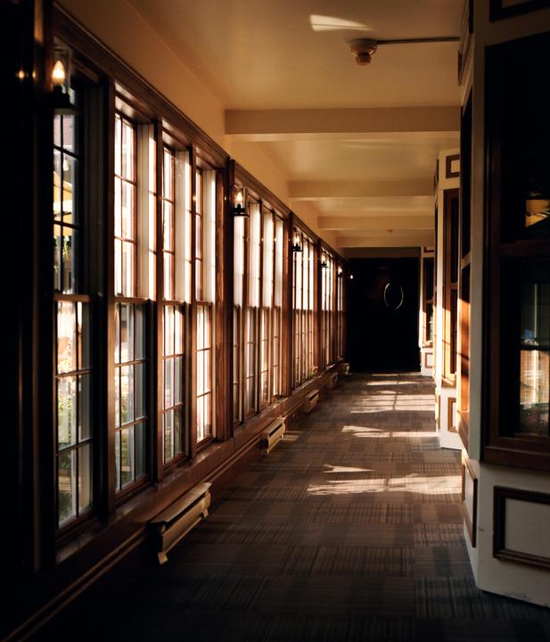 Sunlight streams through a long row of windows in a hallway with a patterned carpet.
