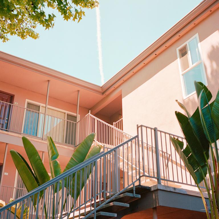 A low-angle view shows the exterior of a building with stairs and balconies, with a tree and large-leafed plants in the foreground.