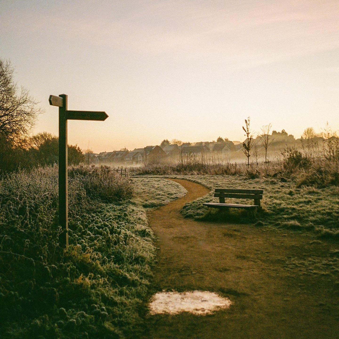 A wooden signpost and a bench sit beside a winding path in a frosty field with houses in the distance under a hazy sky.