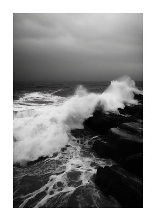 Waves crash against a rocky shore under a dark, cloudy sky.