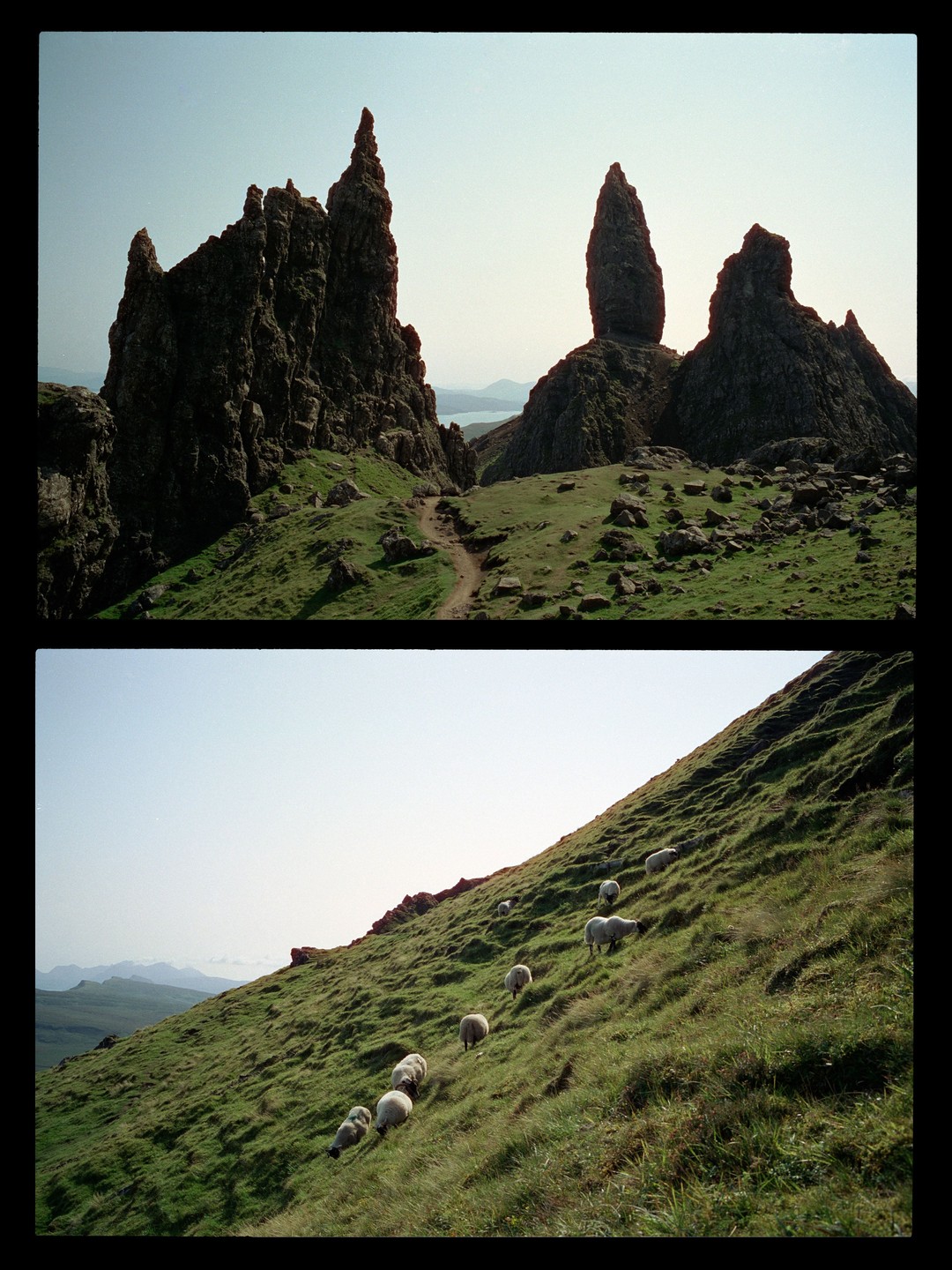 A two-panel image shows a rocky landscape with a path and a grassy hillside with sheep.