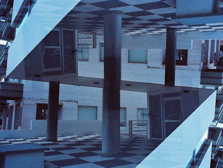 A double exposure shows a building with a checkered floor and ceiling, with the word "Fontaine" visible on a door.