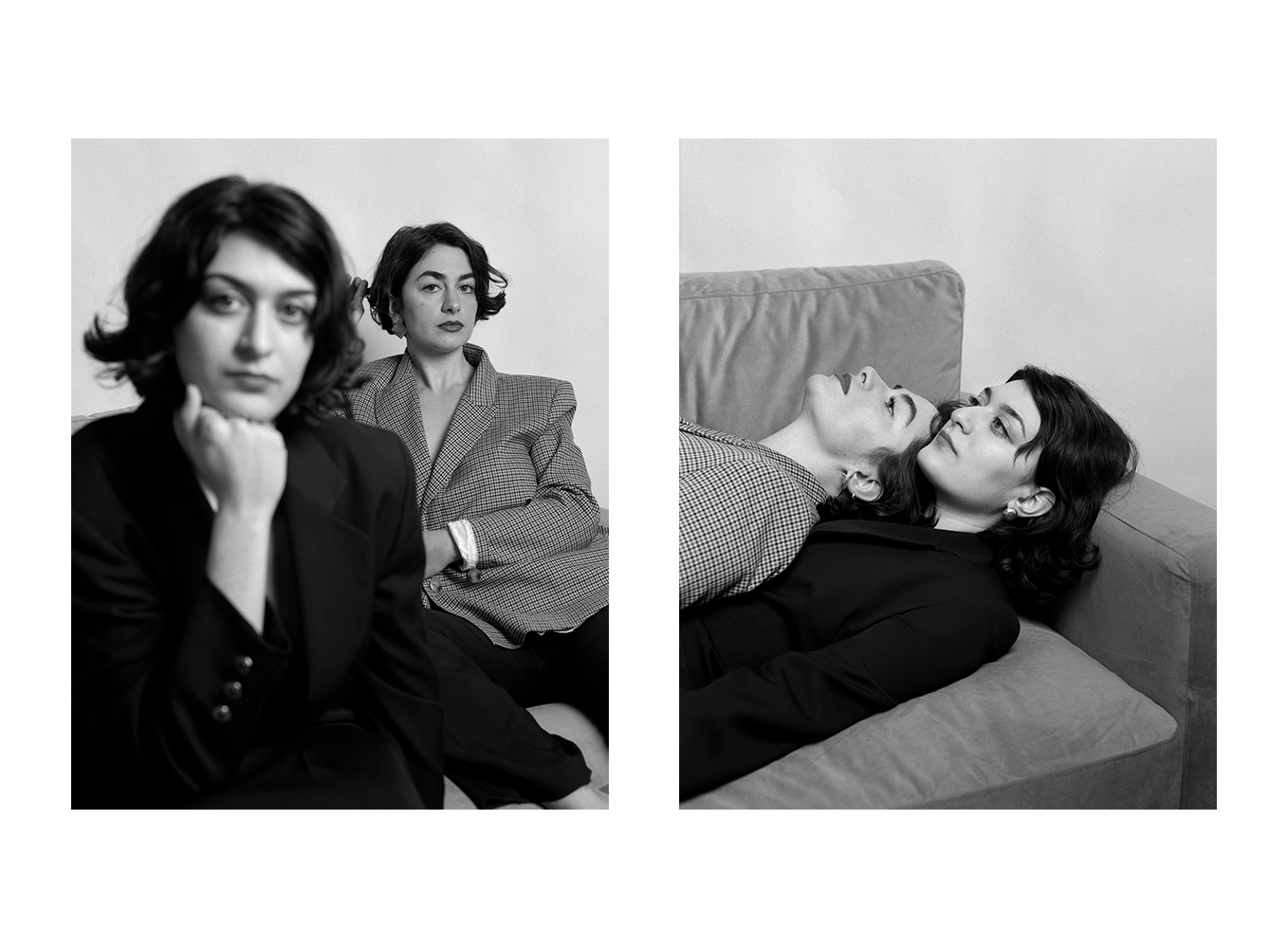 Two women are shown in two different poses, one sitting and one lying on a couch.