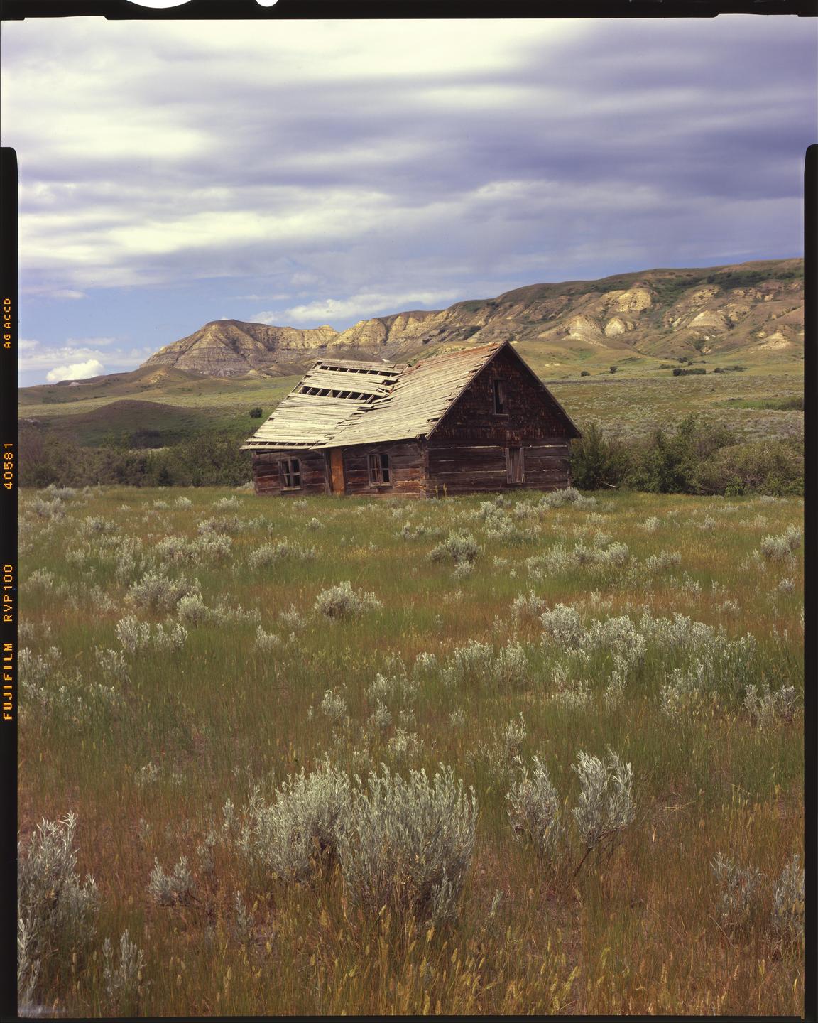 An abandoned wooden house with a damaged roof stands in a field of tall grass and shrubs, with rolling hills in the background under a cloudy sky.