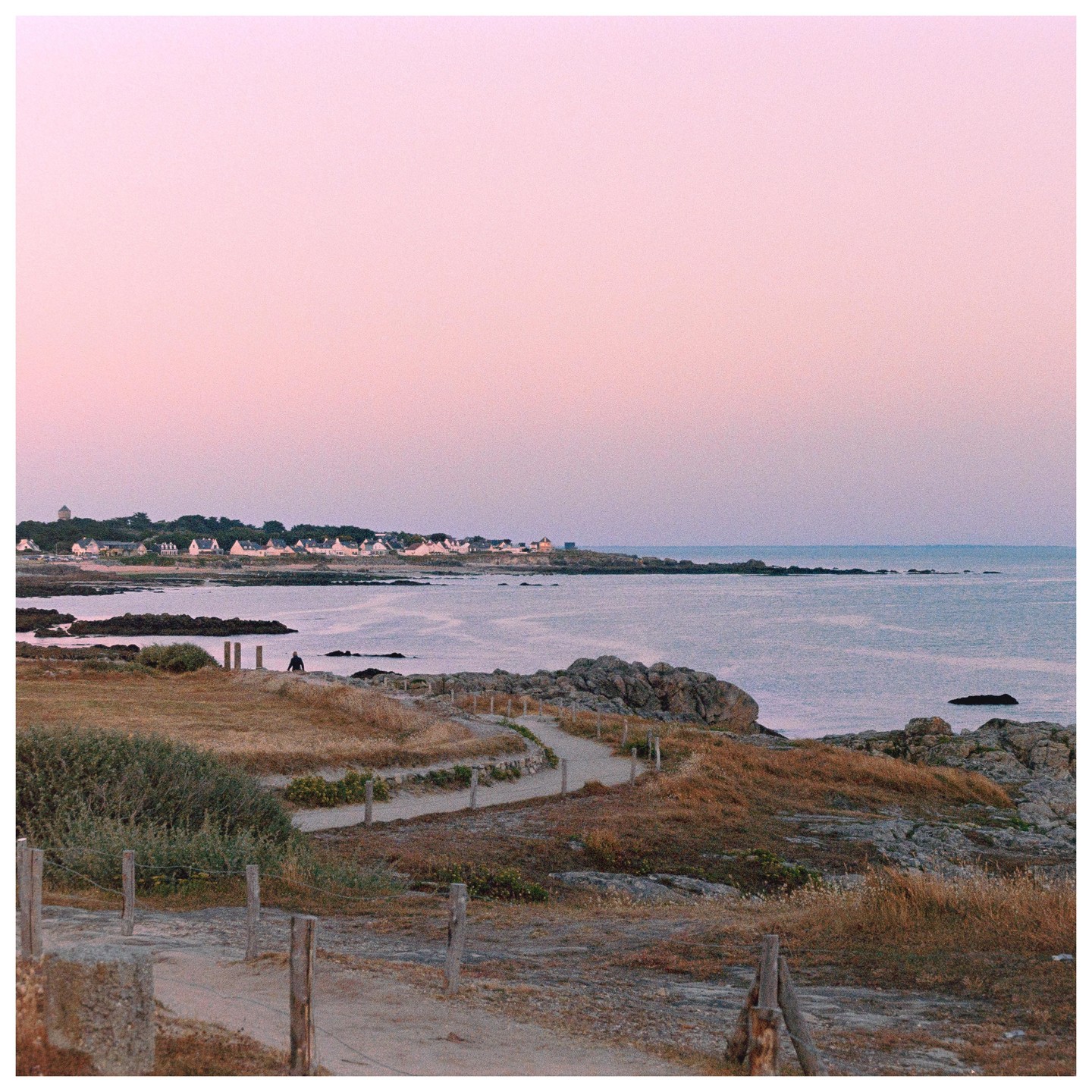 A person sits on the rocky shore of a bay with a town in the distance under a pink sky.