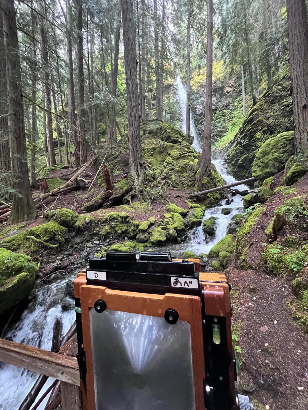 A large format camera is set up on a wooden railing, facing a forest with a waterfall and stream.