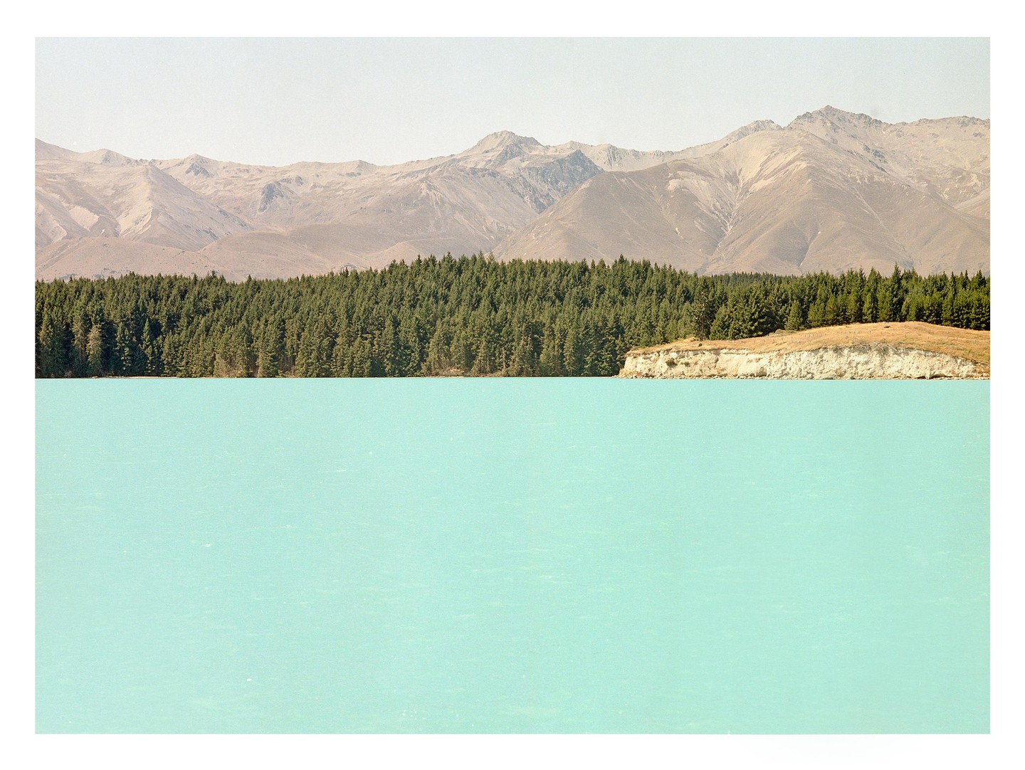 A turquoise lake is in the foreground, with a forest and mountains in the background.