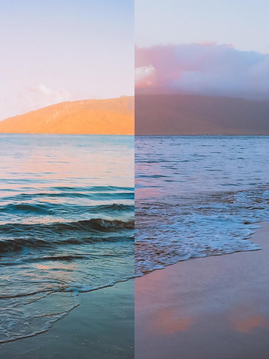 A split image shows a body of water with a mountain in the background on the left, and a beach with waves and a mountain in the background on the right.