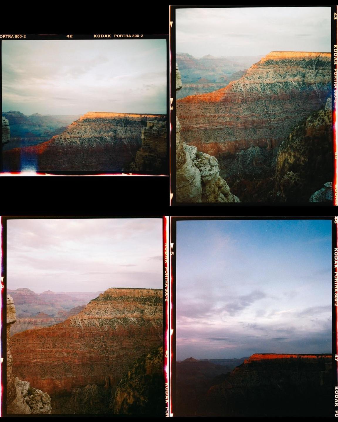 Four images show the Grand Canyon at sunset, with the canyon walls illuminated by golden light.