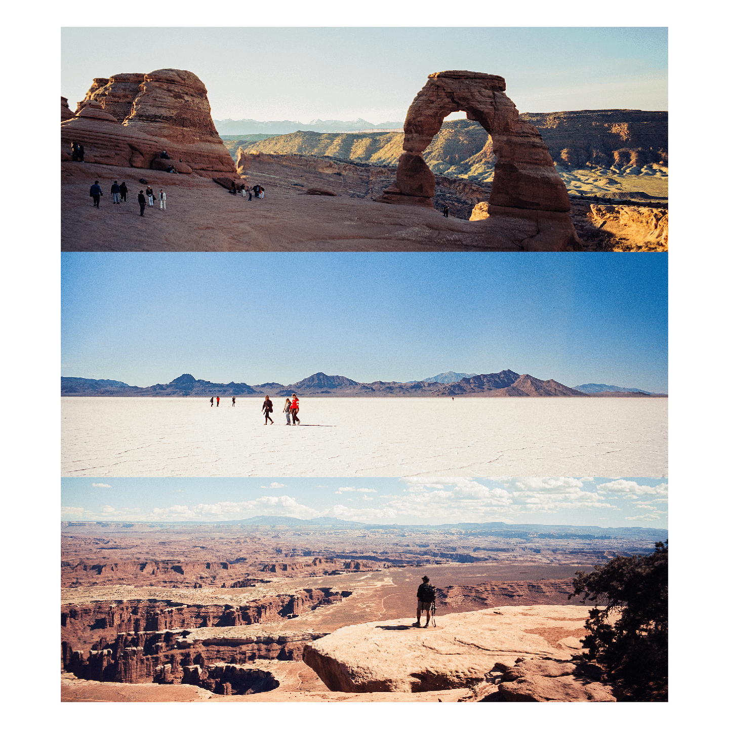 Three landscape photographs are arranged vertically, showing a rock arch with people, a salt flat with people, and a canyon with a person looking out.