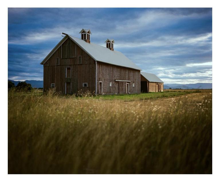 A large wooden barn with a metal roof stands in a field of tall grass under a cloudy sky.