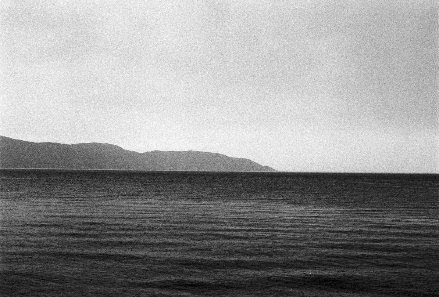 A body of water with mountains in the distance is visible under a bright sky.
