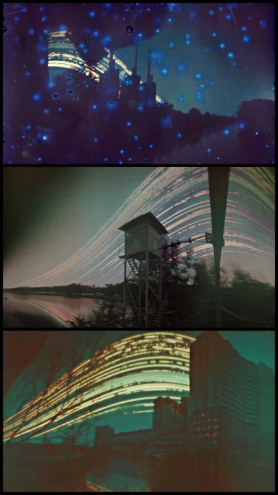 Three solargraphs show light trails over buildings and a watchtower by a river.