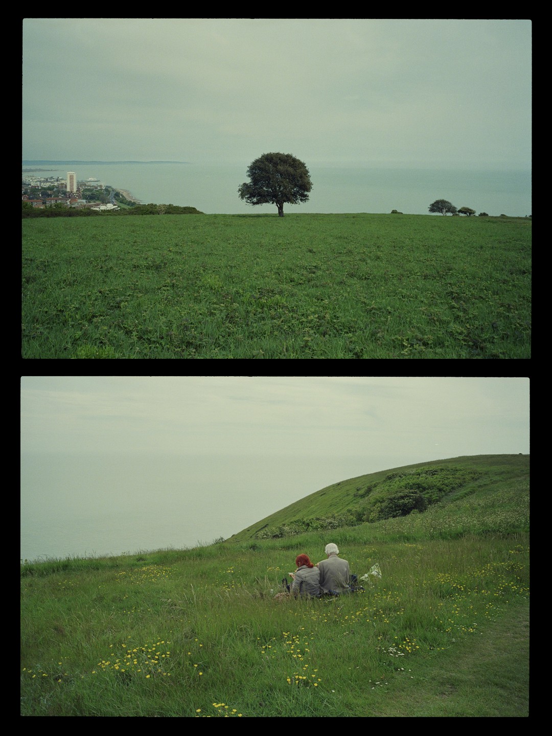 A couple sits in a grassy field overlooking the ocean and a distant town.