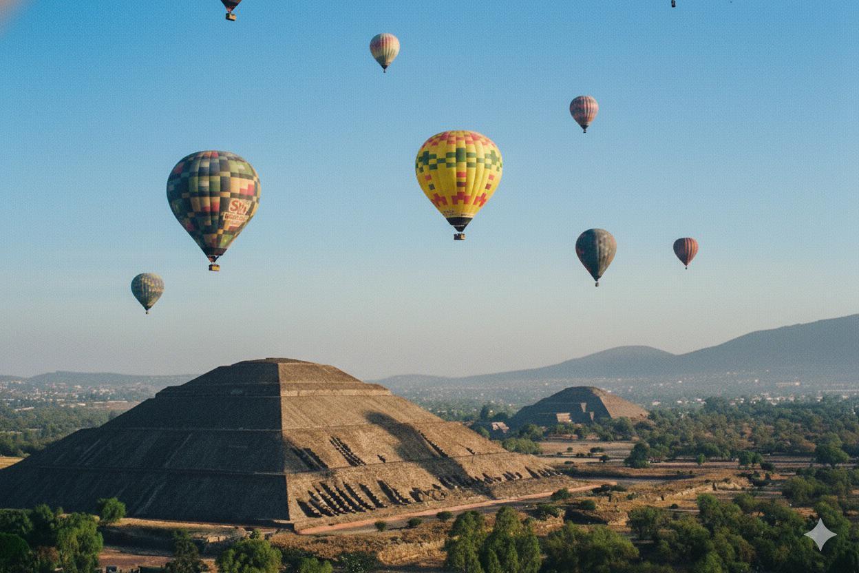 Several hot air balloons float above the ancient pyramids of Teotihuacán.
