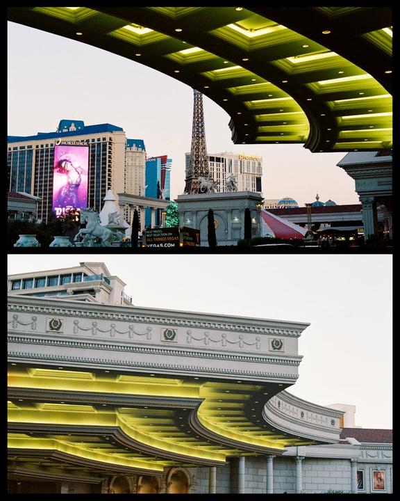 A two-panel image shows a street view of Las Vegas with a replica of the Eiffel Tower and a detailed view of an ornate building facade with yellow lighting.
