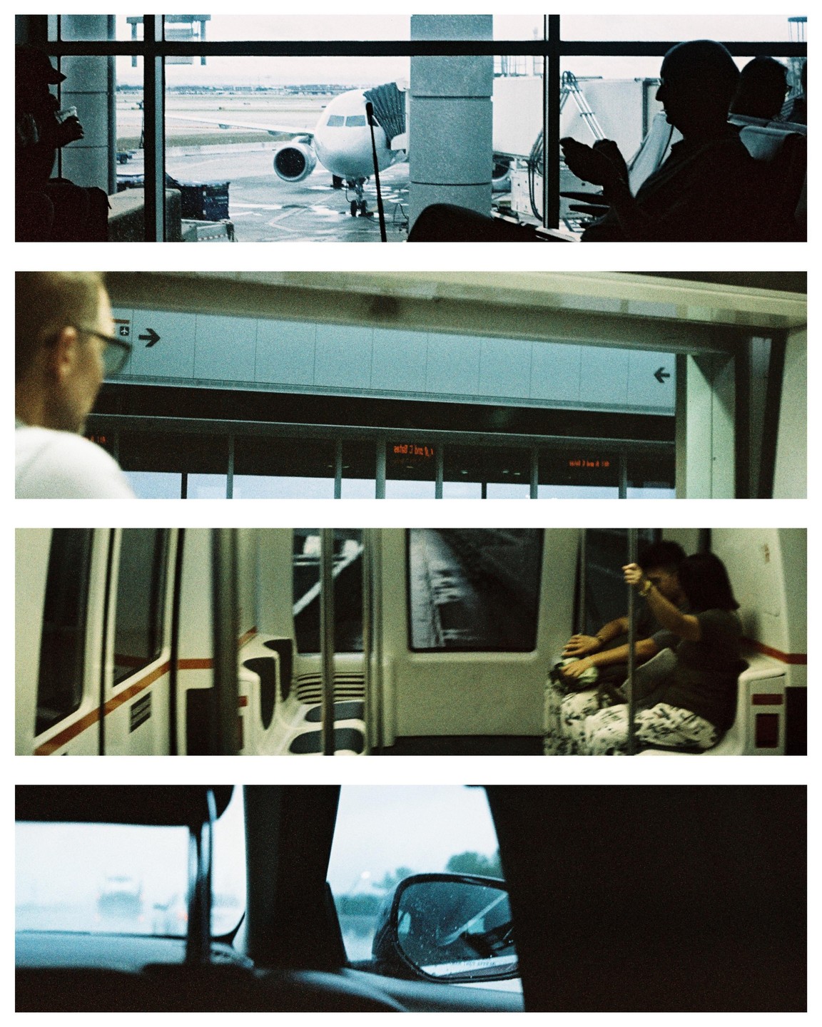 A four-panel photo shows an airplane at an airport gate, a man looking at a train platform, a couple on a train, and a car's side mirror in the rain.