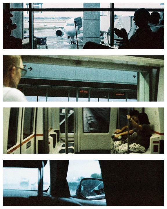 A four-panel photo shows an airplane at an airport gate, a man looking at a train platform, a couple on a train, and a car's side mirror in the rain.