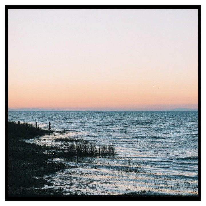The sun sets over a body of water with a grassy shore.