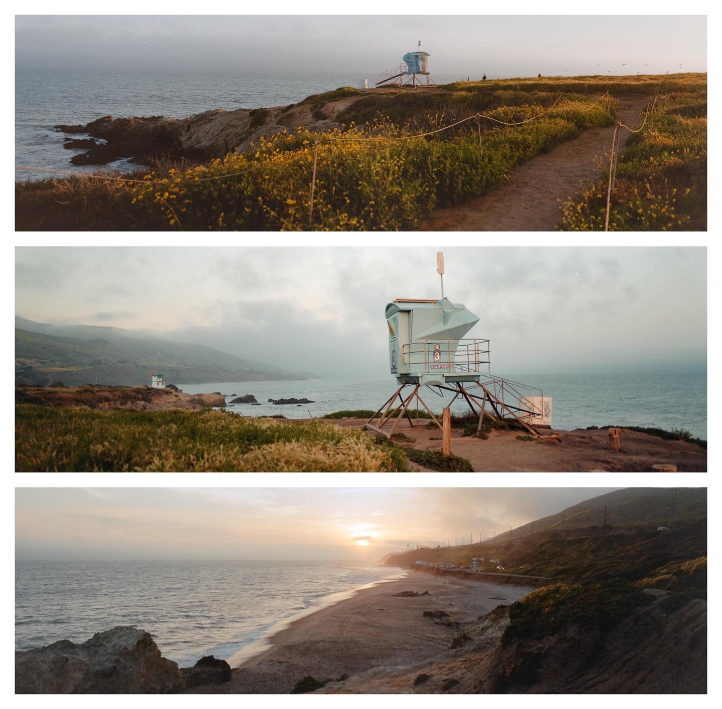 Three panoramic images show a coastline with a lifeguard tower, a beach, and the ocean at sunset.