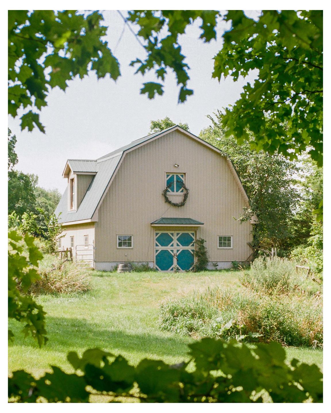 A barn with a green roof and blue doors is visible through an opening in the trees.