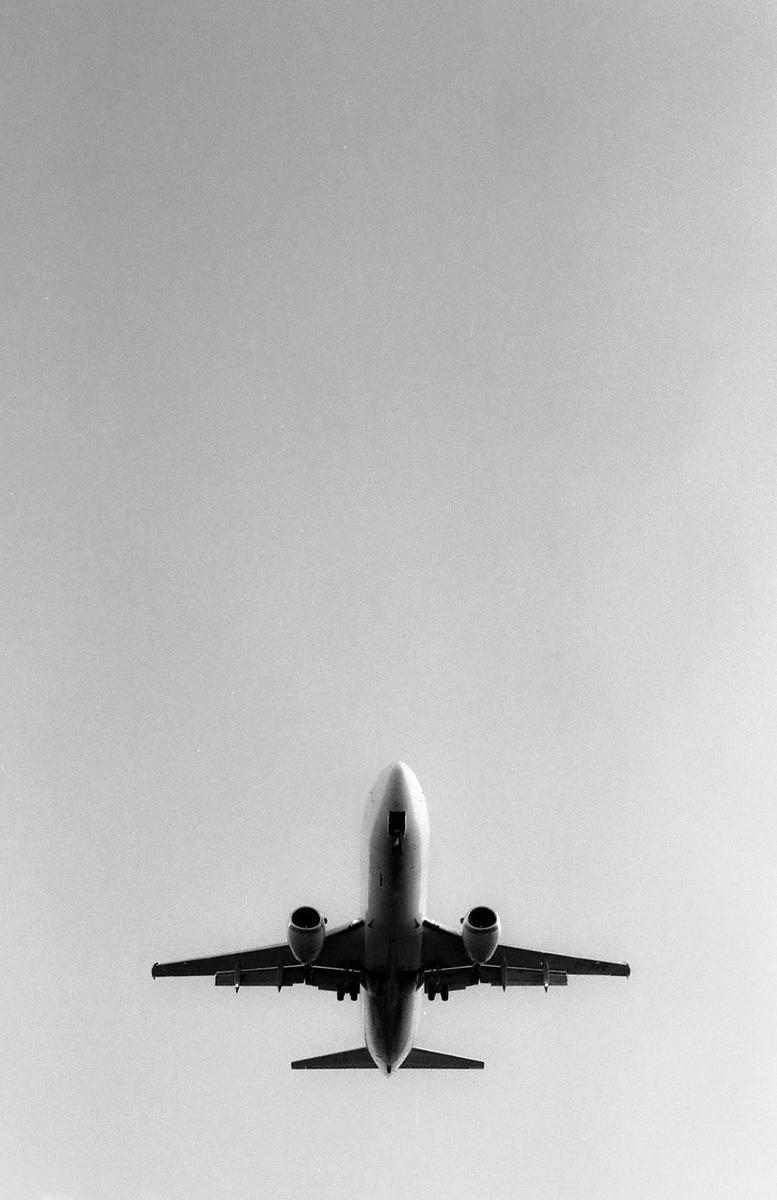 A low-angle, black and white shot shows an airplane flying overhead against a bright sky.