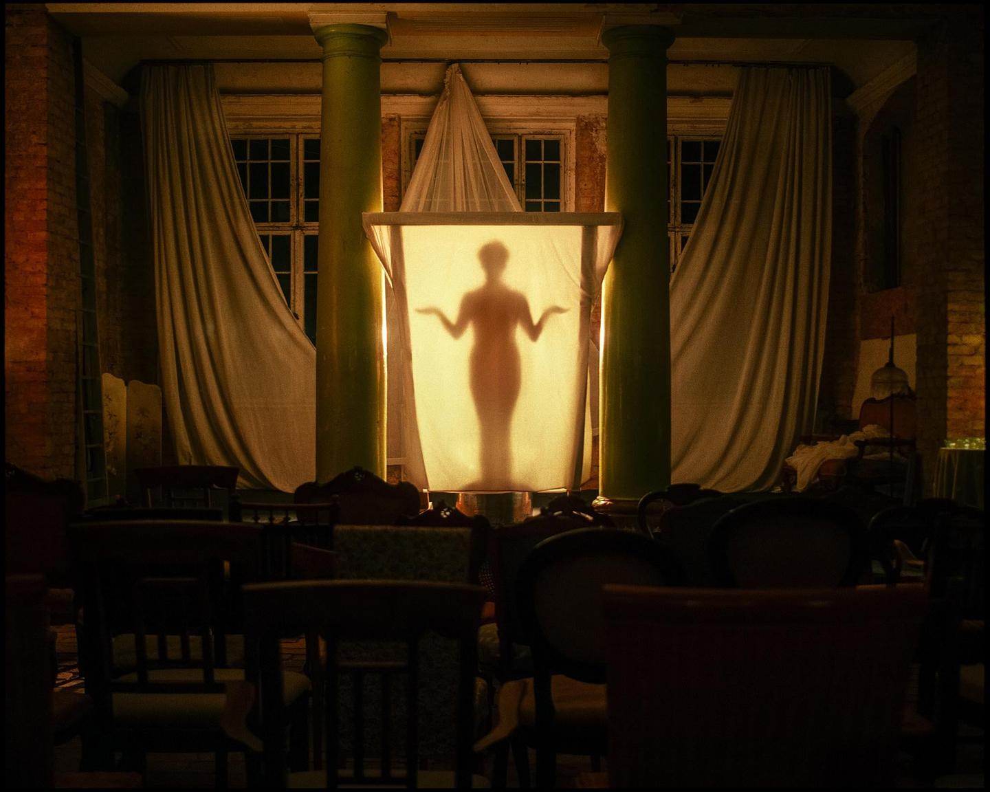 A silhouette of a woman with outstretched arms is visible through a translucent screen on a stage, with rows of chairs in the foreground.