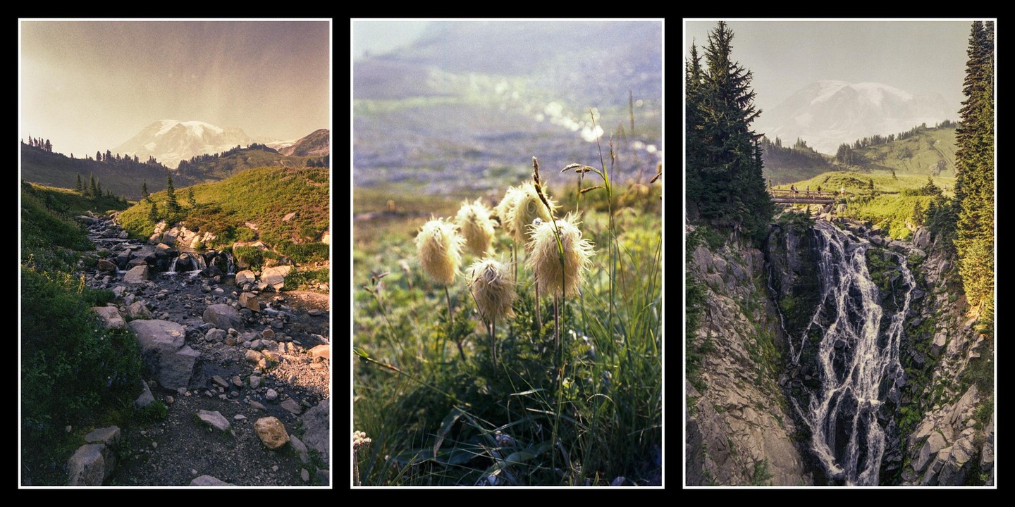 Three images show a mountain landscape with a stream, fluffy plants, and a waterfall with people on a bridge.
