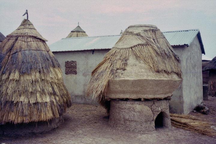 Two thatched-roof structures stand in front of a building with a corrugated metal roof.