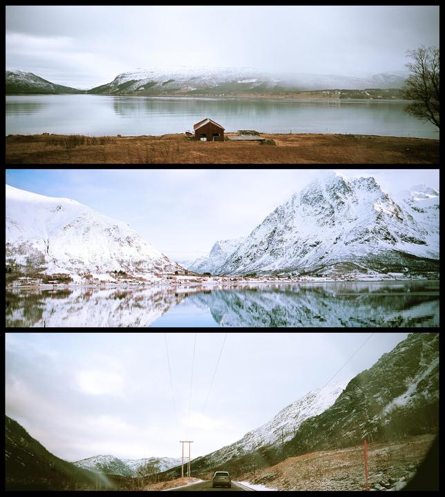 Three landscape images show a snowy mountain range, a body of water, and a road with a car.