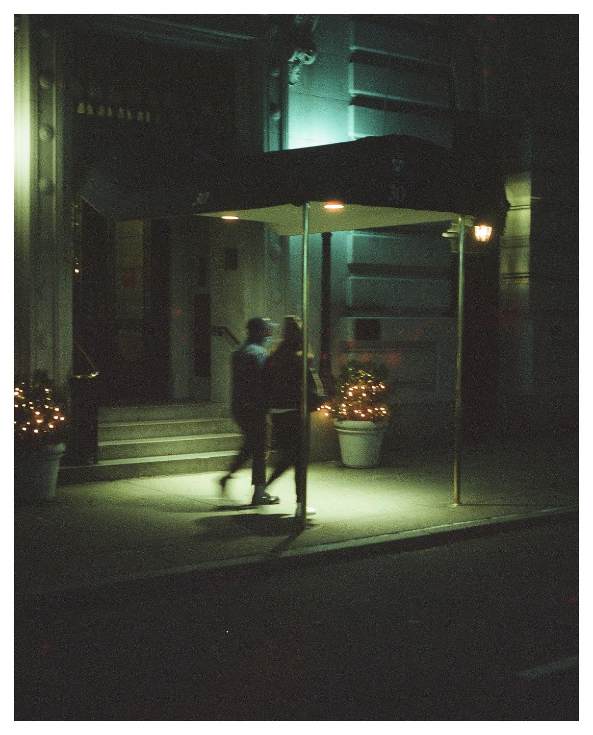 Two people walk past a building entrance with an awning and potted plants with lights at night.