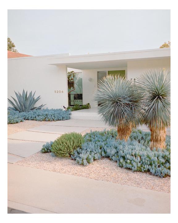 A modern white house with succulents and gravel landscaping is seen from the street.