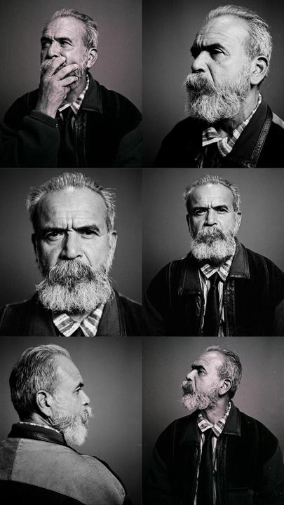 Six black and white portraits of a man with a beard are arranged in a grid.