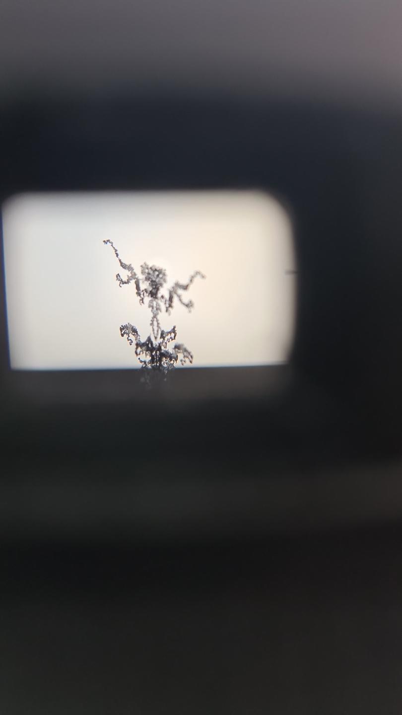 A dark, abstract, three-dimensional shape is visible through a camera viewfinder.