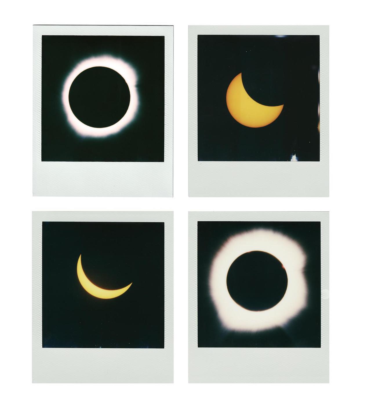 Four instant film prints show different phases of a solar eclipse.