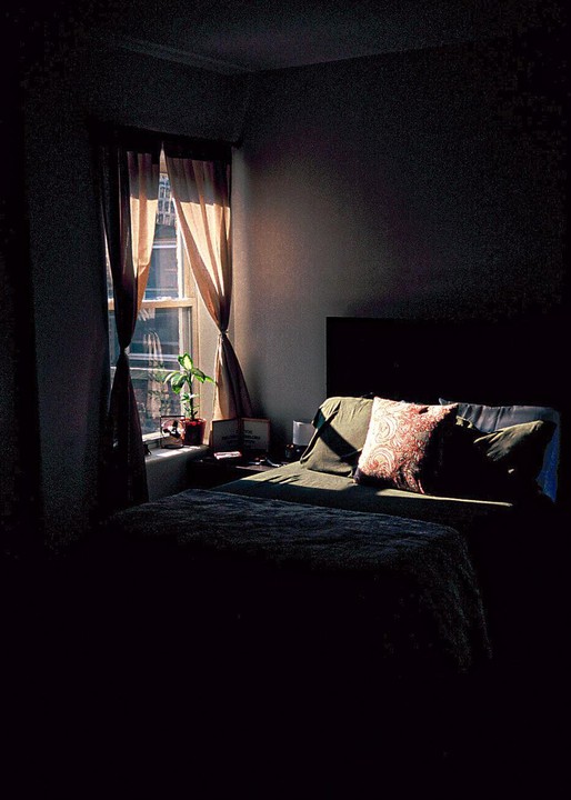 Sunlight streams through a window with curtains into a dark bedroom, illuminating a potted plant on the windowsill and part of a bed.