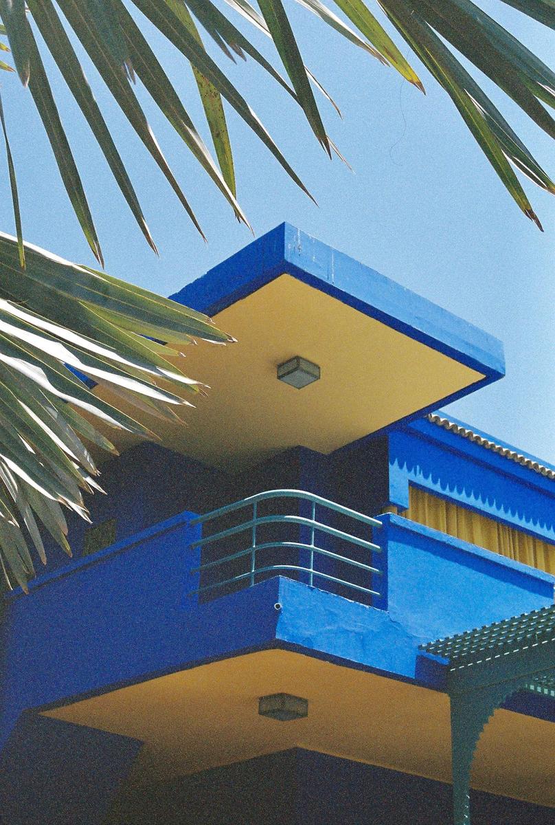 A vibrant blue and yellow building with a balcony is partially obscured by palm fronds against a clear blue sky.