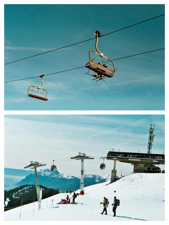 A two-part image shows a ski lift against a blue sky and a snowy mountain landscape with skiers and gondolas.