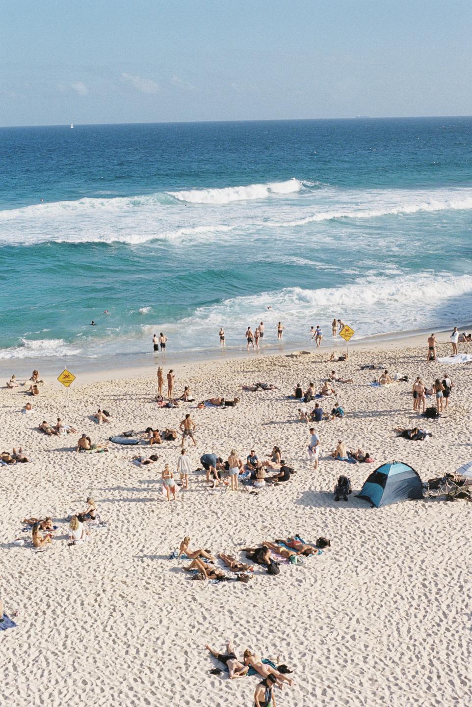 A large crowd of people are relaxing on a sandy beach next to the ocean.