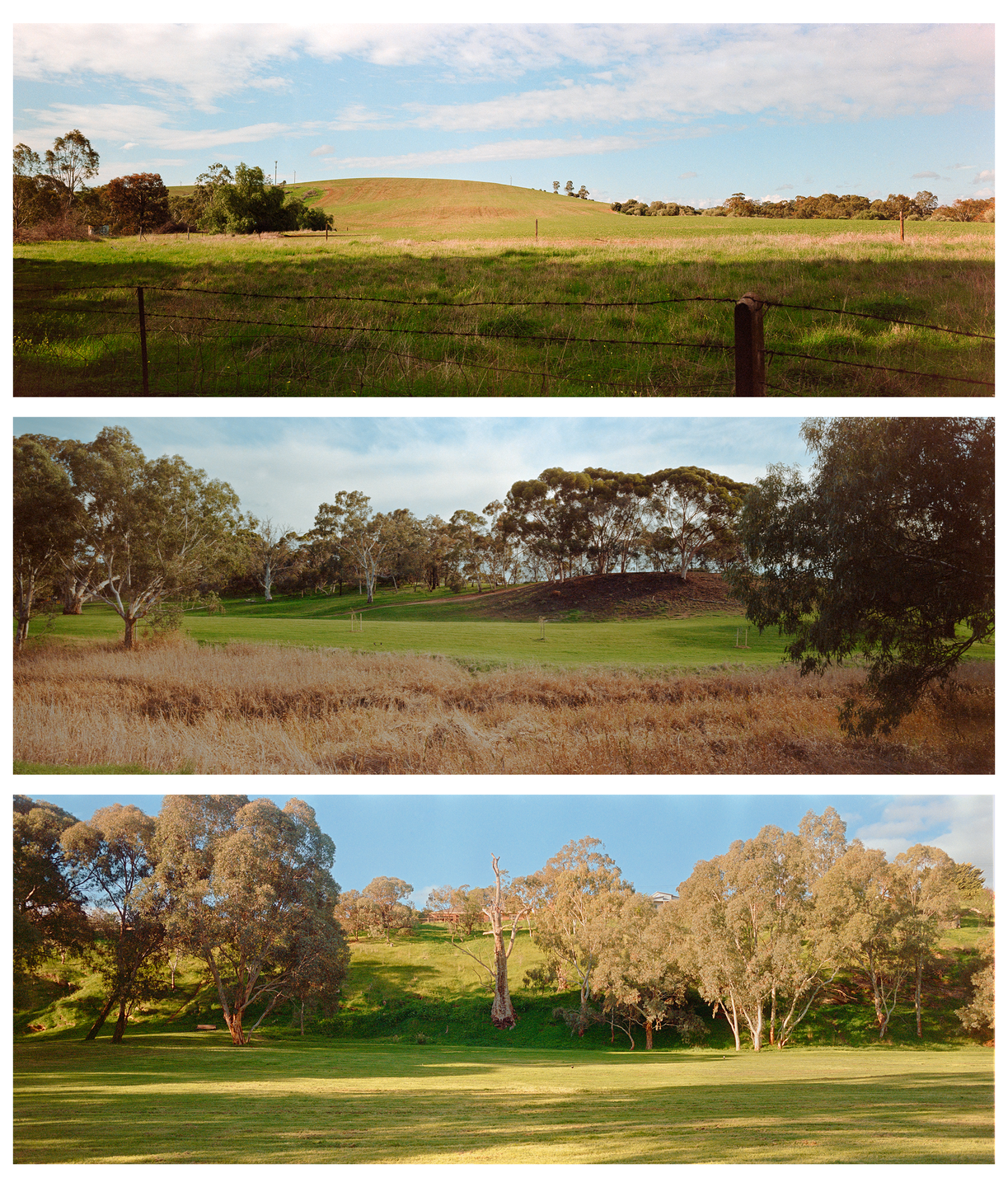 Three panoramic images show a rural landscape with rolling hills, green grass, and scattered trees under a partly cloudy sky.
