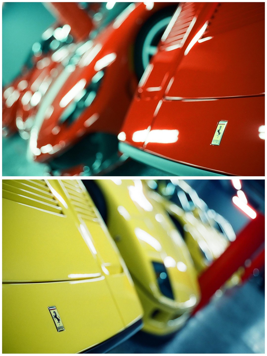 Two panels show close-ups of red and yellow sports cars with prancing horse emblems.