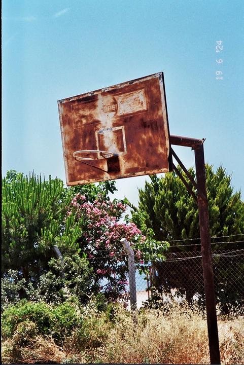 A rusty basketball hoop stands against a clear blue sky, surrounded by green trees and flowering bushes.