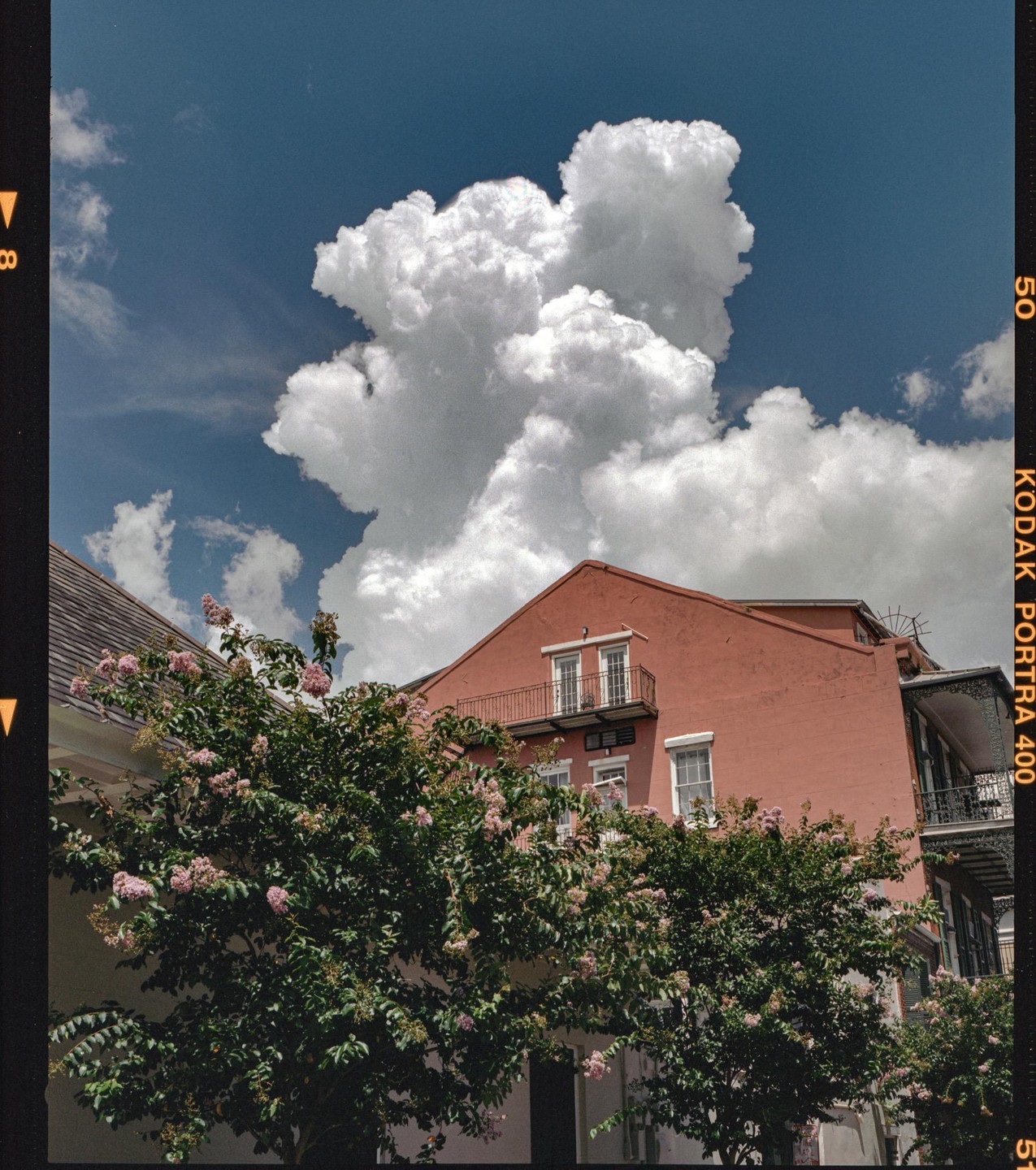 A large, fluffy cloud dominates the blue sky above a terracotta building with balconies and a flowering tree in the foreground.