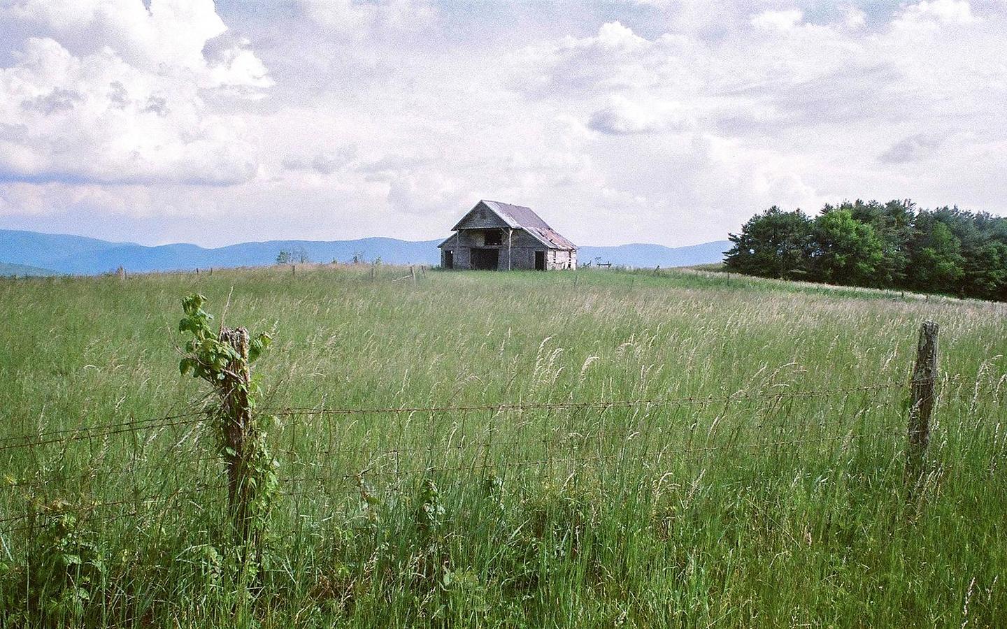 An old barn stands in a field of tall grass with mountains in the background under a cloudy sky.