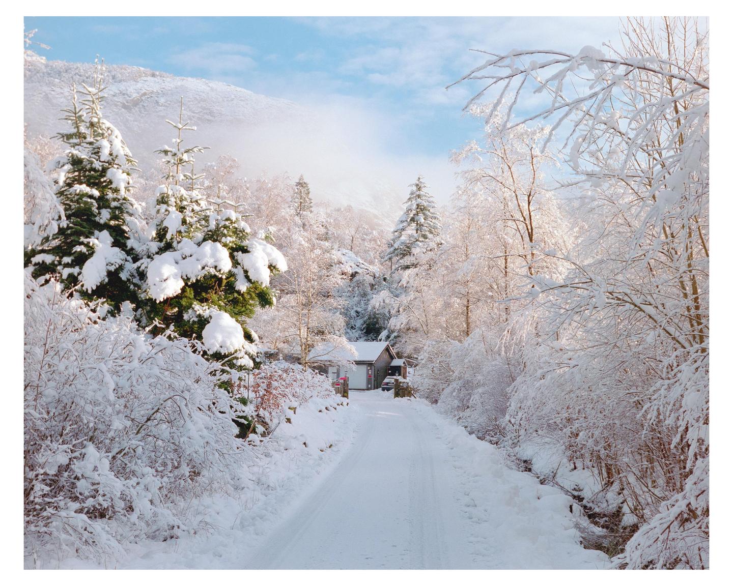 A snow-covered road leads to a small house nestled among trees and mountains under a bright sky.