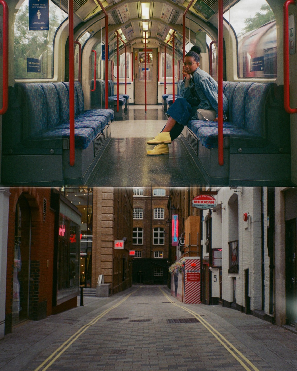 A woman sits alone on a subway car, and a narrow street with buildings and signs is shown below.
