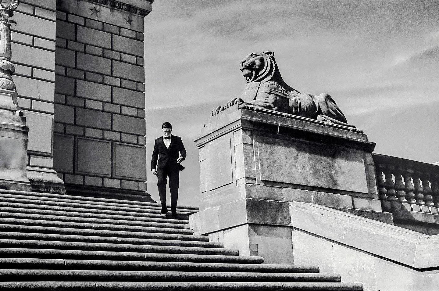 A man in a tuxedo descends a grand stone staircase next to a large stone lion statue.